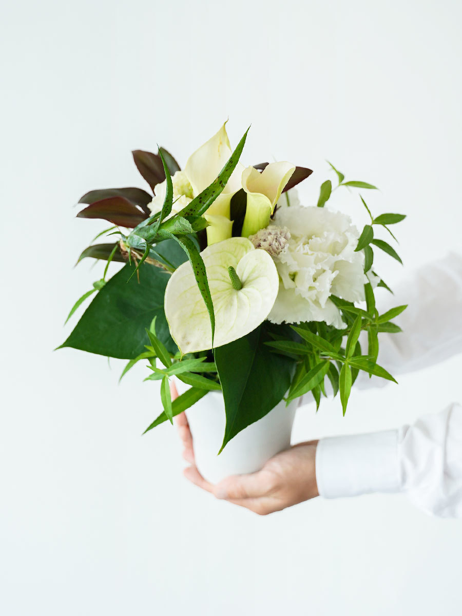 カラーとアンスリウムの生花アレンジ S｜おしゃれな祝い花通販Sakaseru