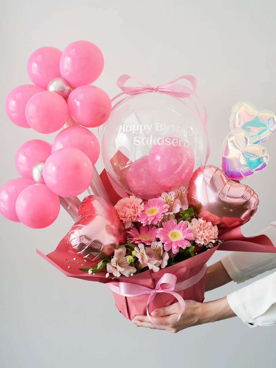 文字入れできる クリアバルーンの生花アレンジ ピンク M