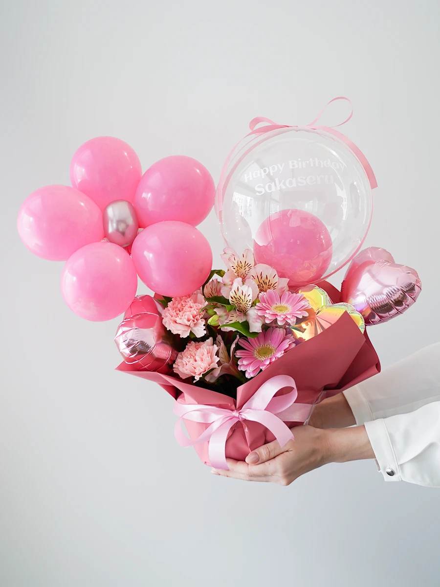 文字入れできる クリアバルーンの生花アレンジ ピンク S