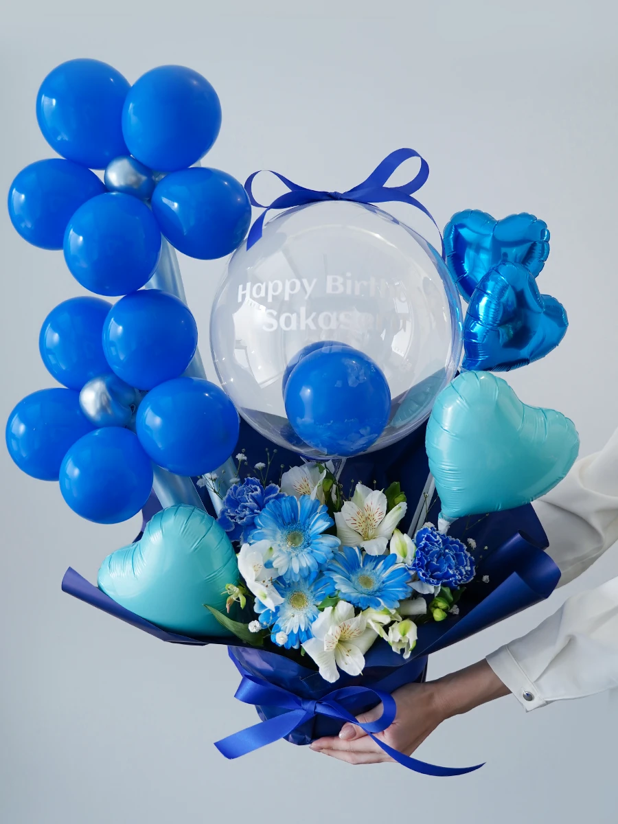 文字入れできる クリアバルーンの生花アレンジ ブルー M