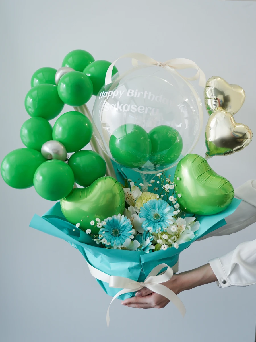 文字入れできる クリアバルーンの生花アレンジ グリーン M