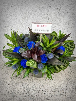 お店のイメージカラーでおまとめした周年祝いのアレンジ