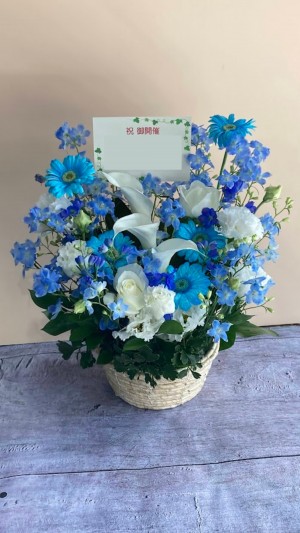 水色と白を基調に淡い色合いでおつくりしたご出演祝い花・楽屋花