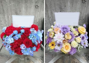 ペンライトカラーを取り入れて華やかにおつくりした ご出演祝い花・楽屋花